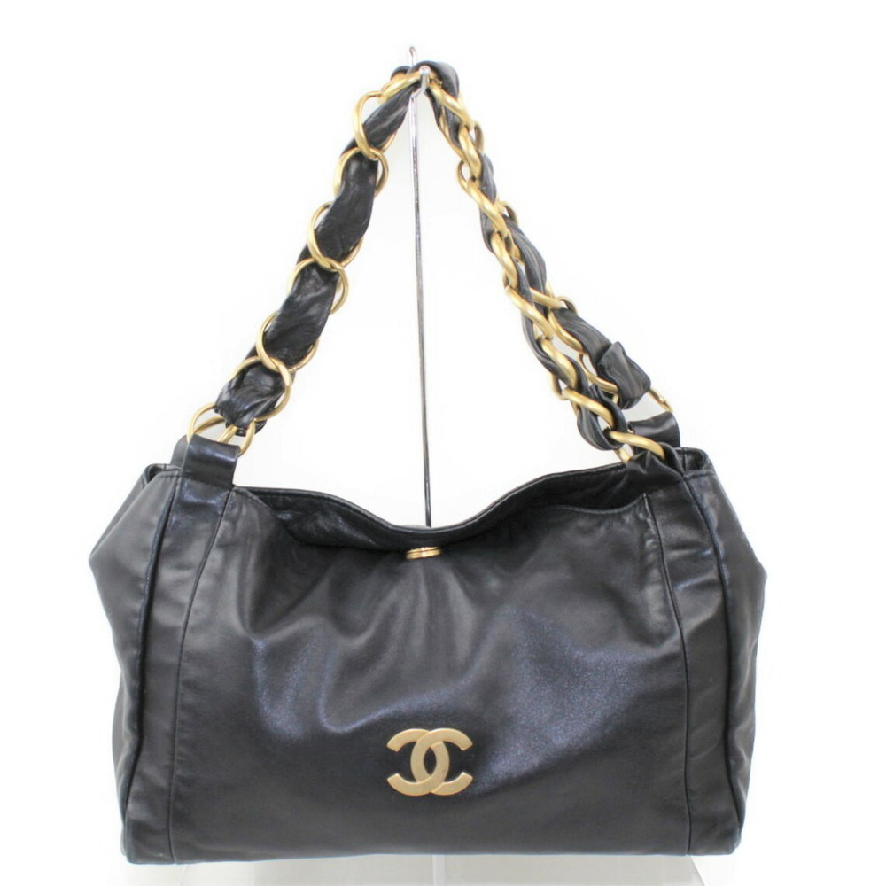 CHANEL Big Chain Bag Coco Mark Lambskin Leather Black Classic